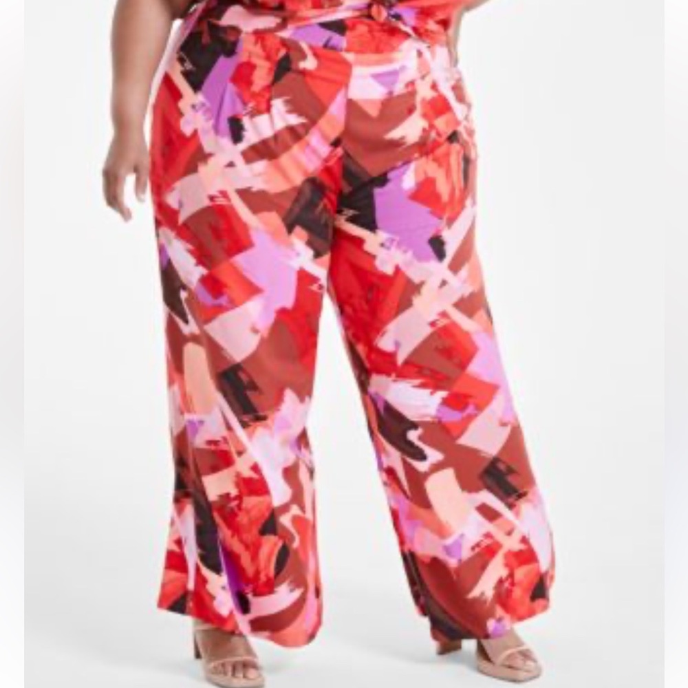 Nina Parker Vibrant Abstract Pants with Red and Pink Wide Leg Pants π